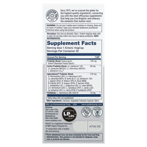 Solaray, Mycrobiome®, полноценный пробиотик, активный, 30 вегетарианских капсул