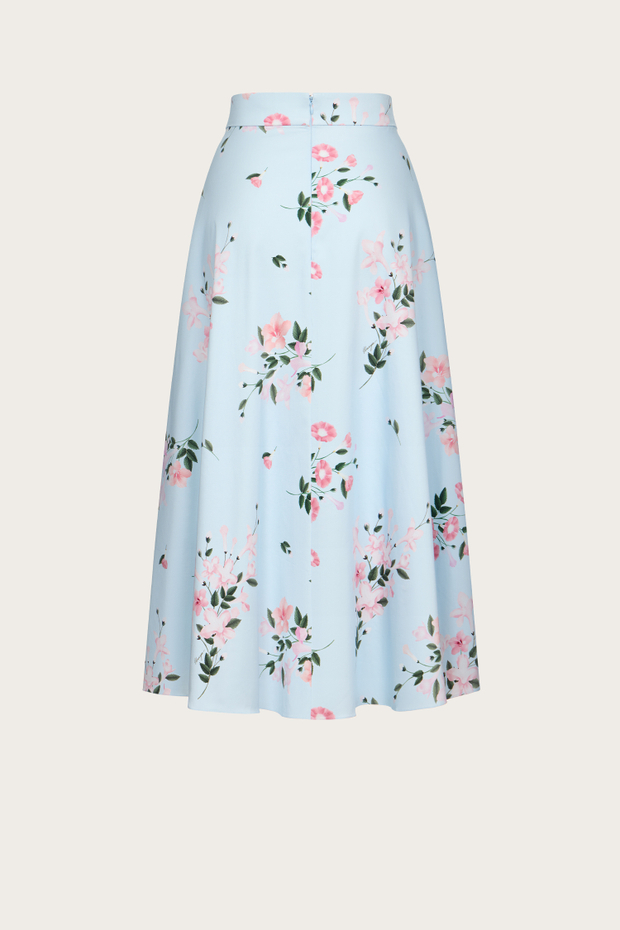 ЮБКА НА ШНУРОВКЕ ИЗ ГОЛУБОГО ХЛОПКА С АВТОРСКИМ ПРИНТОМ