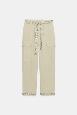 ZARA БРЮКИ КАРГО С ПАЙЕТКАМИ — ZW COLLECTION, СВЕТЛЫЙ ХАКИ