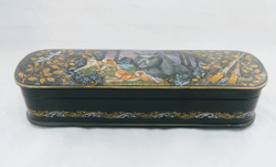 Шкатулка Палех  под ручку "Охота на кабана" 20×6см