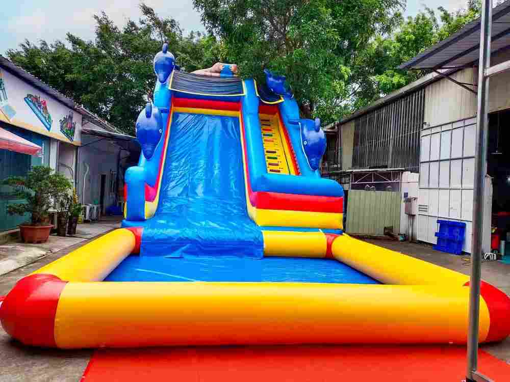 Надувная водная горка с бассейном «Дельфины» 15*6*8 м