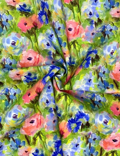 Коттон принт, цветы голубые/розовые на зеленом DGT