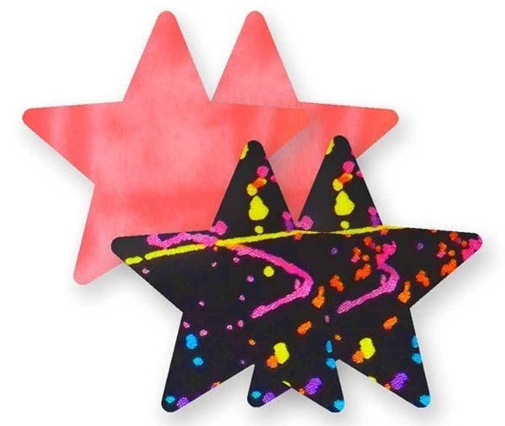 Комплект из 1 пары коралловых пэстис-звездочек и 1 пары черных пэстис-звездочек с разноцветными брызгами