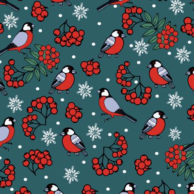 Красные ягоды рябины и снегири. Зимний праздничный фон с природными мотивами , снежинками на темно сером фоне. Универсальный, интерьерный детский праздничный дизайн.