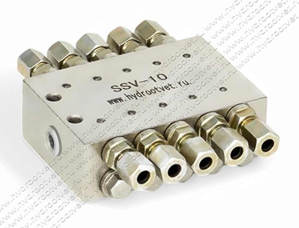 SSV10 - Питатель для прогрессивных систем смазки с рабочим давлением 300 бар, количество выходов 10, максимальная доза 0,2 мл/цикл, без реле