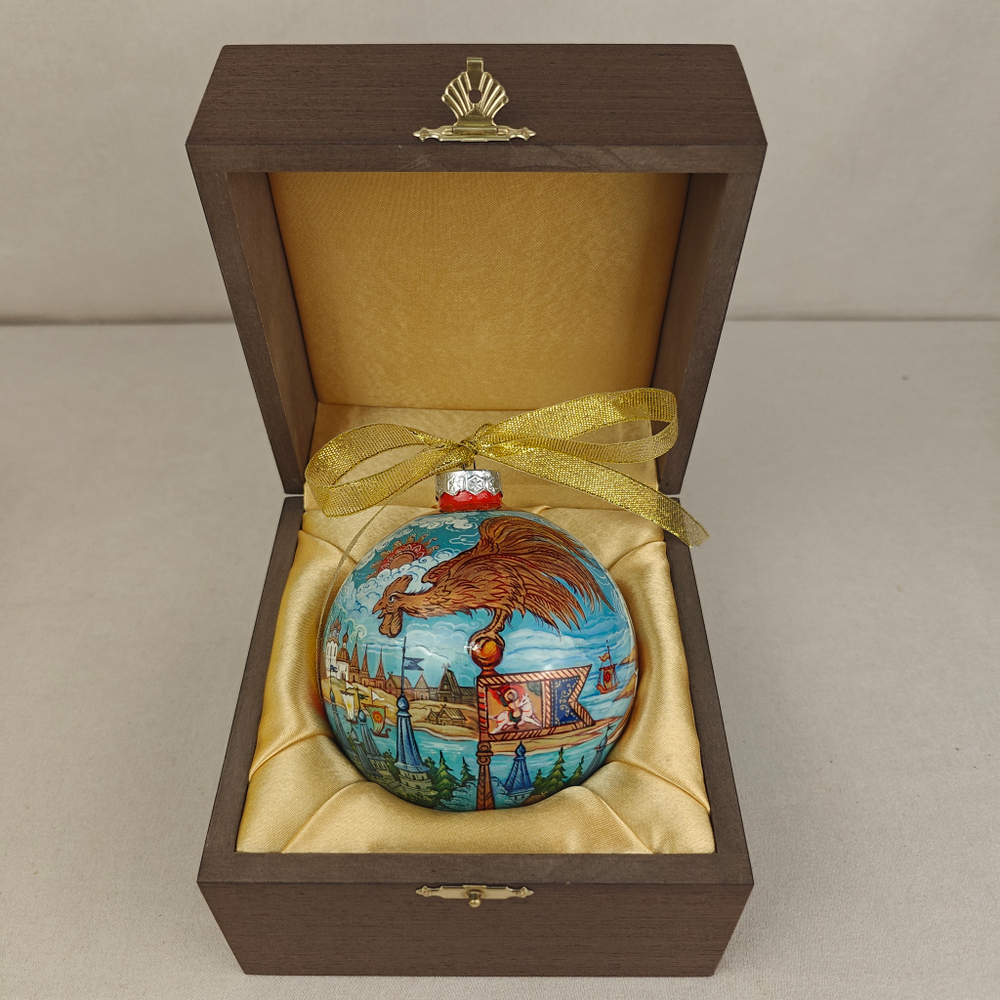 Шар новогодний с круговой росписью Палех "Золотой петушок" в футляре