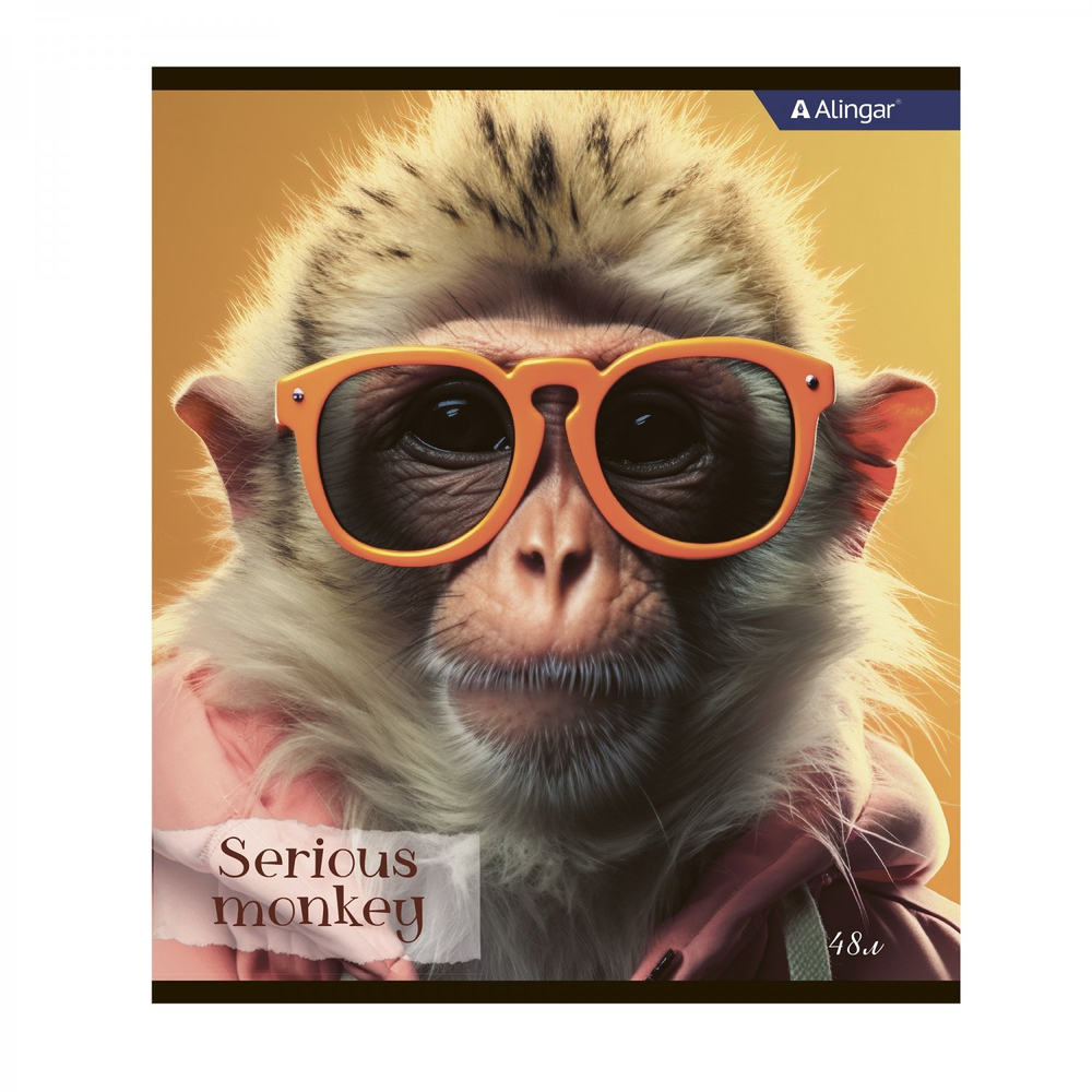 Тетрадь 48л., А5, клетка, Alingar "Funny monkey", скрепка, мелованный картон (стандарт), блок офсет, 4 дизайна в пленке т/у