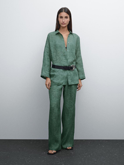 Massimo Dutti Струящиеся брюки из 100% льна с эластичным поясом, бирюзово-зеленый