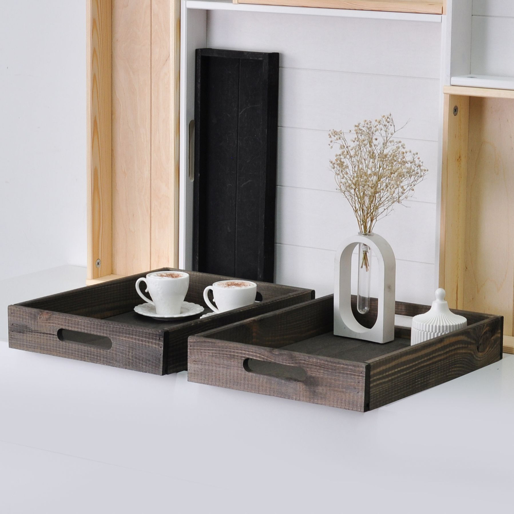Набор деревянных подносов 38х28 см в стиле рустик (состаренный), 2 шт, столики для завтрака в постель Флоутард, для кухни, бурый