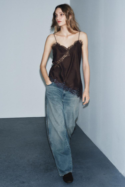 ZARA ТОП В БЕЛЬЕВОМ СТИЛЕ С КРУЖЕВОМ — ZW COLLECTION, КОРИЧНЕВЫЙ