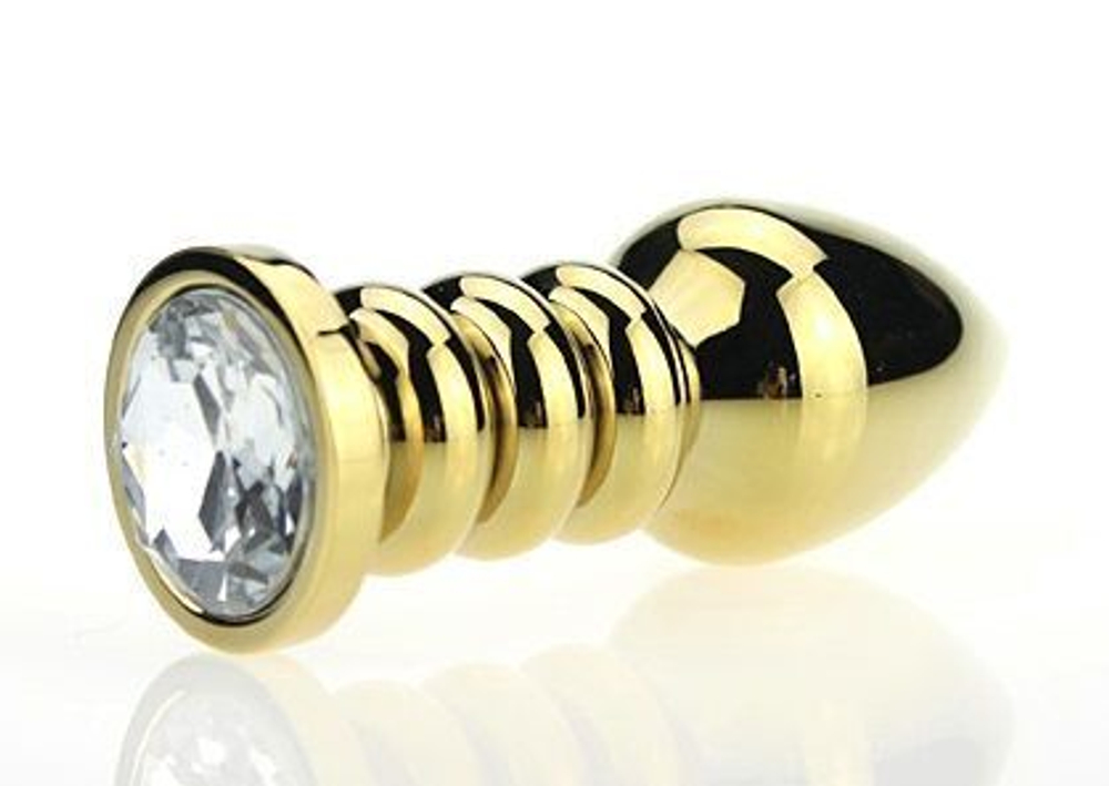 Золотистая фигурная анальная пробка с прозрачным стразом - 10,3 см. (Цвет: прозрачный)