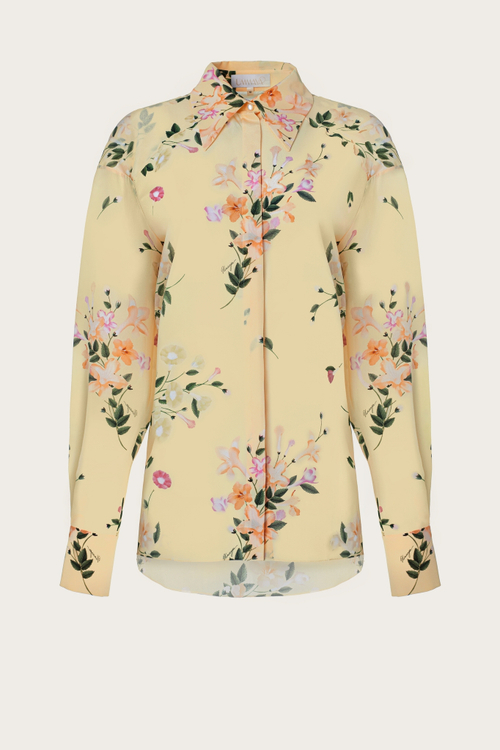 БЛУЗА ИЗ ЖЕЛТОГО ШЕЛКА С АВТОРСКИМ ПРИНТОМ