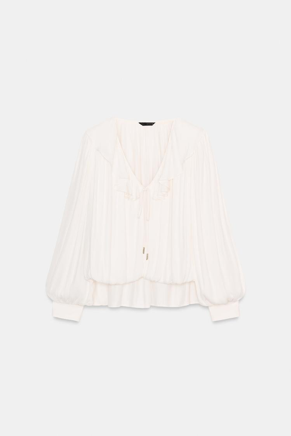 ZARA АТЛАСНАЯ БЛУЗА С ВОЛАНАМИ И ПОДПЛЕЧНИКАМИ, ЭКРЮ