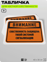 Табличка для частной территории "Внимание, собственность защищена системой сигнализации", на дом, для участка, организаций и частных территорий, 40х30 см, Silver Plane x Айдентика Технолоджи