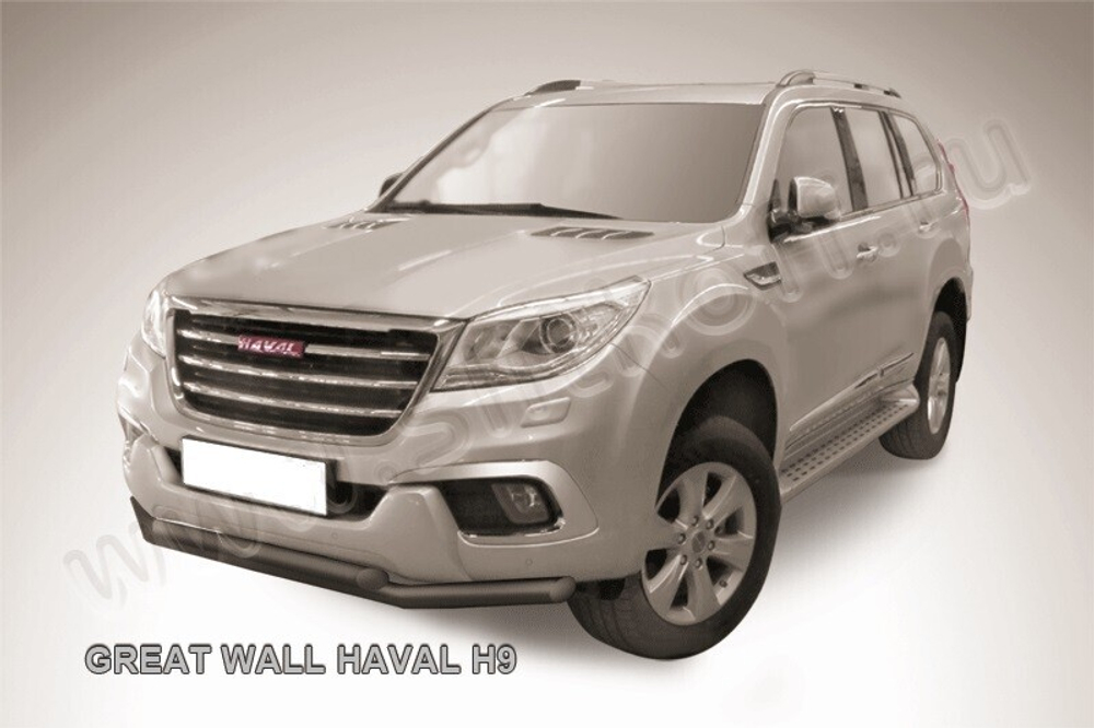 Защита переднего бампера (нержавейка) Haval H9 (2014-2017) d57+d57 (черный)