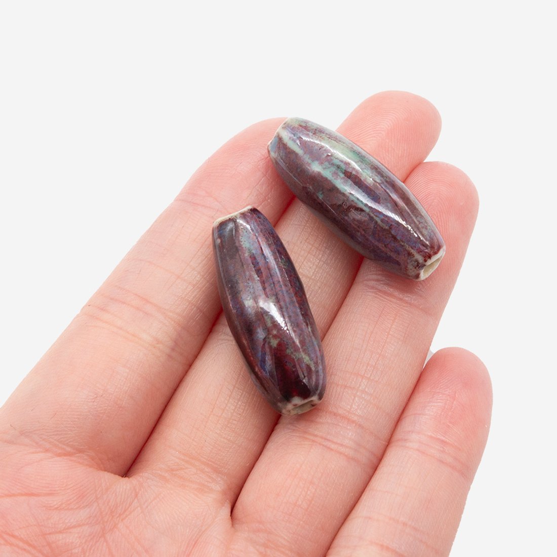 Бусина в форме бочонка, 12*30,9мм, бордово-синяя, глазурированный фарфор