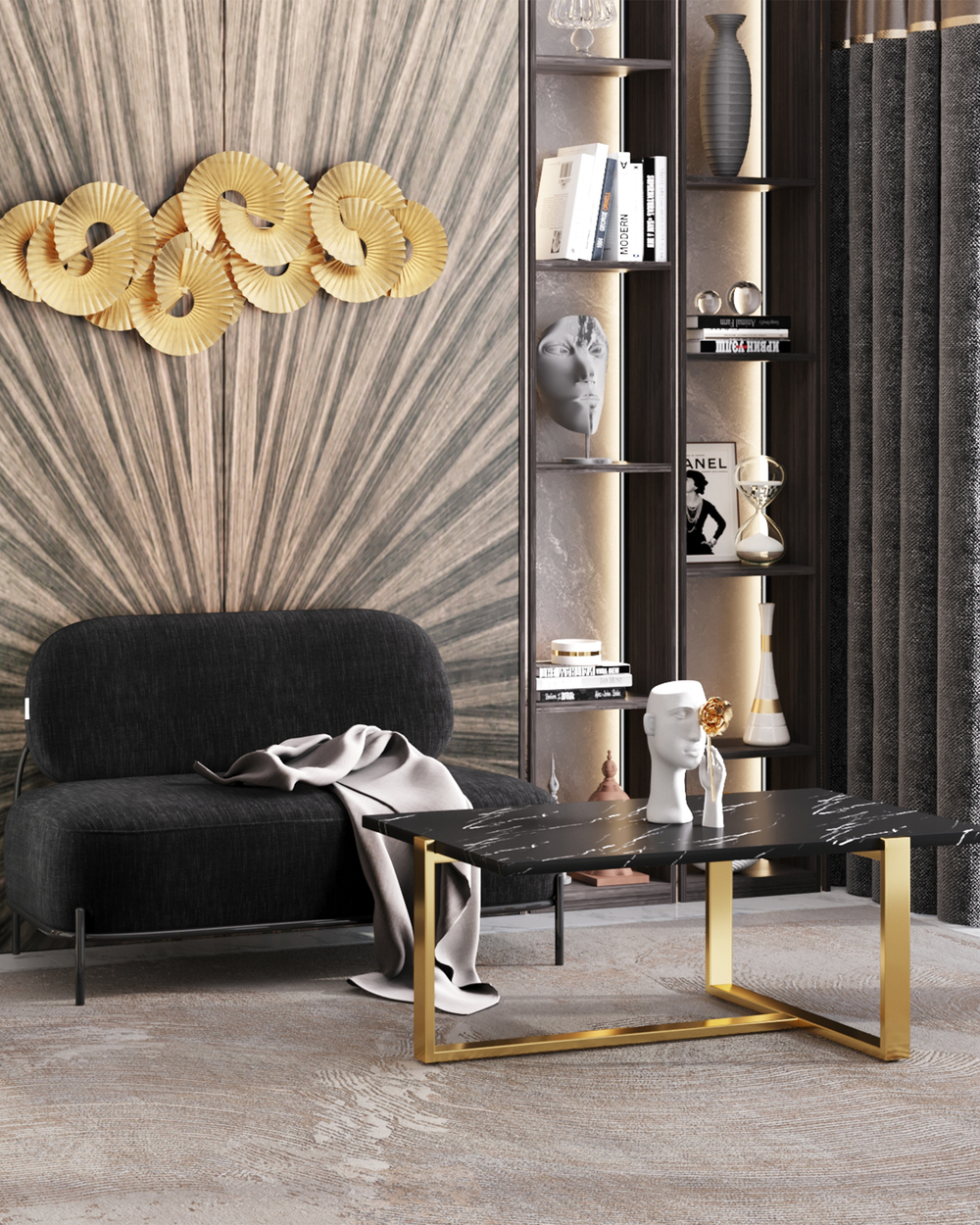 Журнальный столик Тоби 109*66 черный мрамор сталь золото