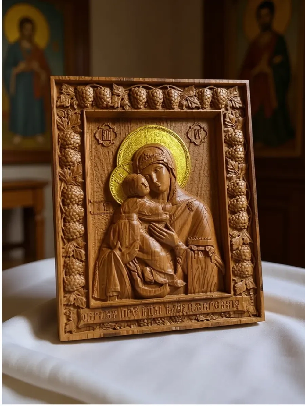 Освященная Владимирская икона Божией Матери из дуба резная