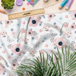 Ткань флис акварельные нежные птички