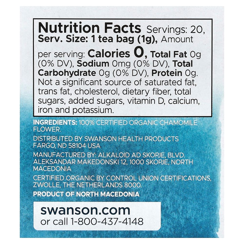 Swanson Vitamins, 100% органический ромашковый чай, без кофеина, 20 чайных пакетиков, 20 г (0,7 унции)