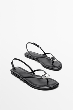 Massimo Dutti Сандалии-шлепанцы на плоской подошве с камнями, черный