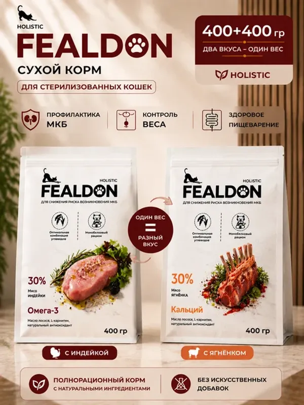 Сухой корм для кошек стерилизованных Fealdon с ягненком, холистик, полнорационный