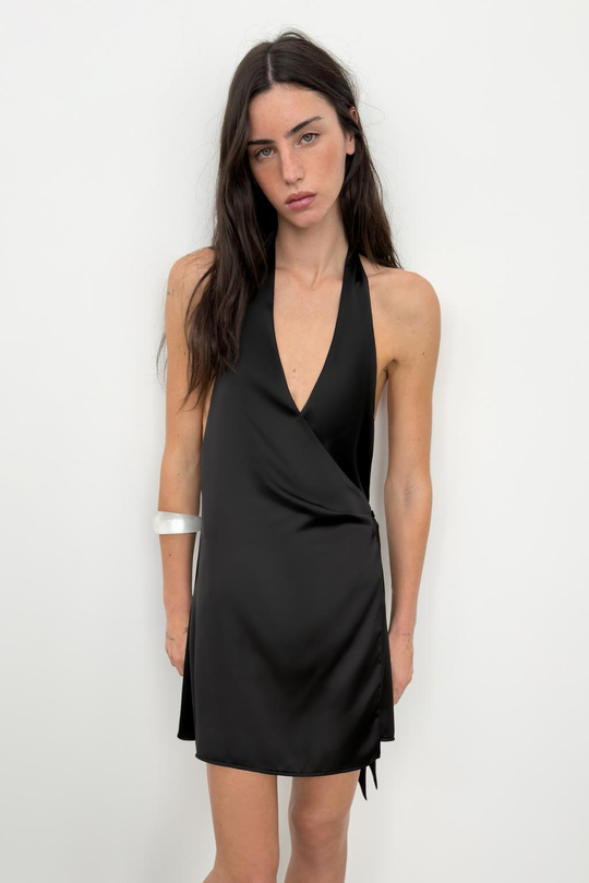 ZARA АТЛАСНОЕ ПЛАТЬЕ ХАЛТЕР, ЧЕРНЫЙ