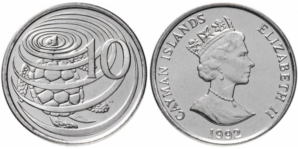 Каймановы острова 10 центов, 1992 - 1996 Черепаха UNC