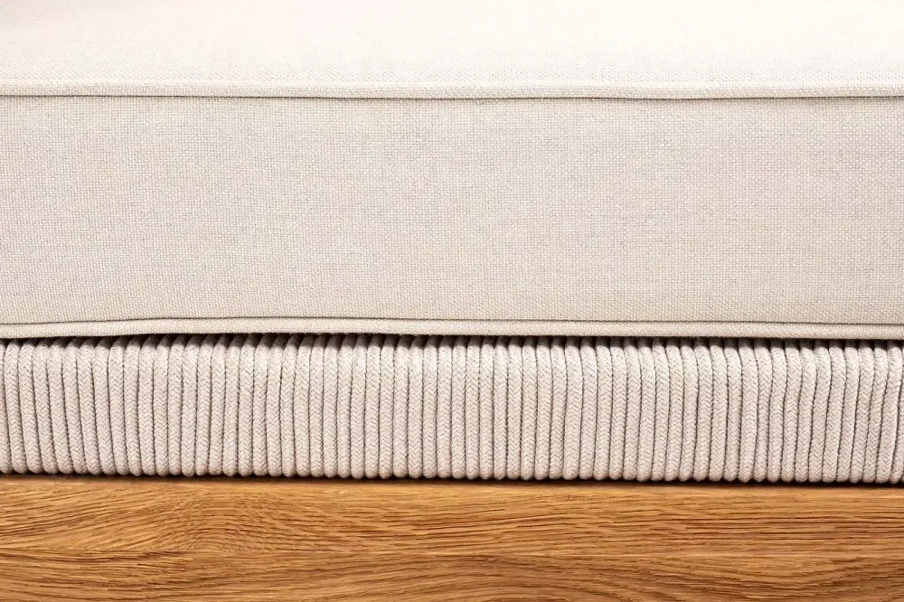 "Канны" угловой модуль плетеный из роупа, основание дуб, роуп бежевый круглый, ткань бежевая 052