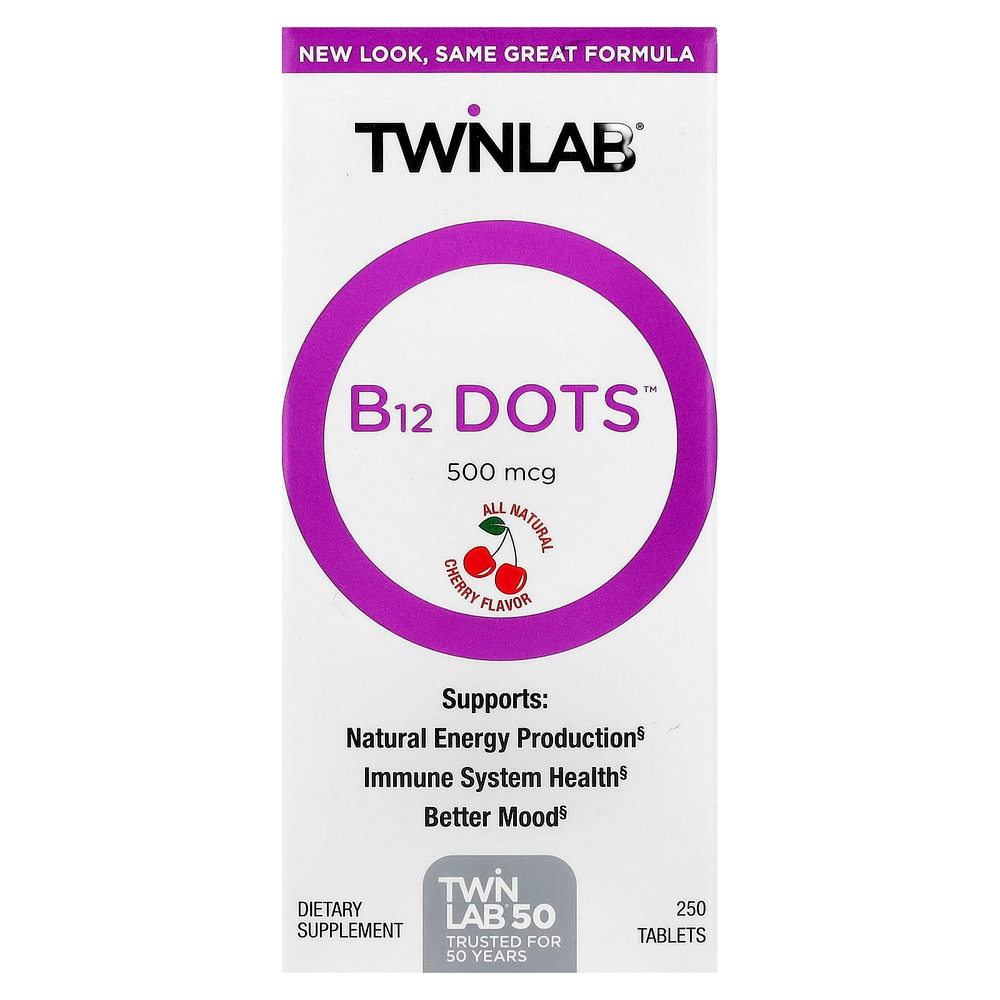 Twinlab, B-12 Dots, вишня, 500 мкг, 250 таблеток
