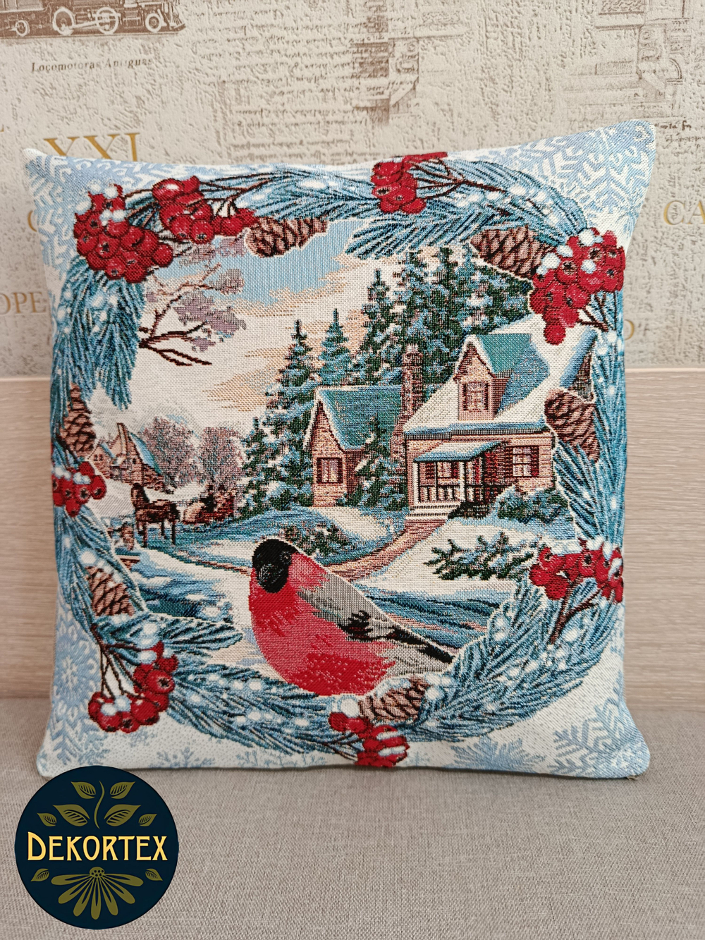 Декоративный гобеленовый чехол для интерьерной подушки Снегири за окном 38*38