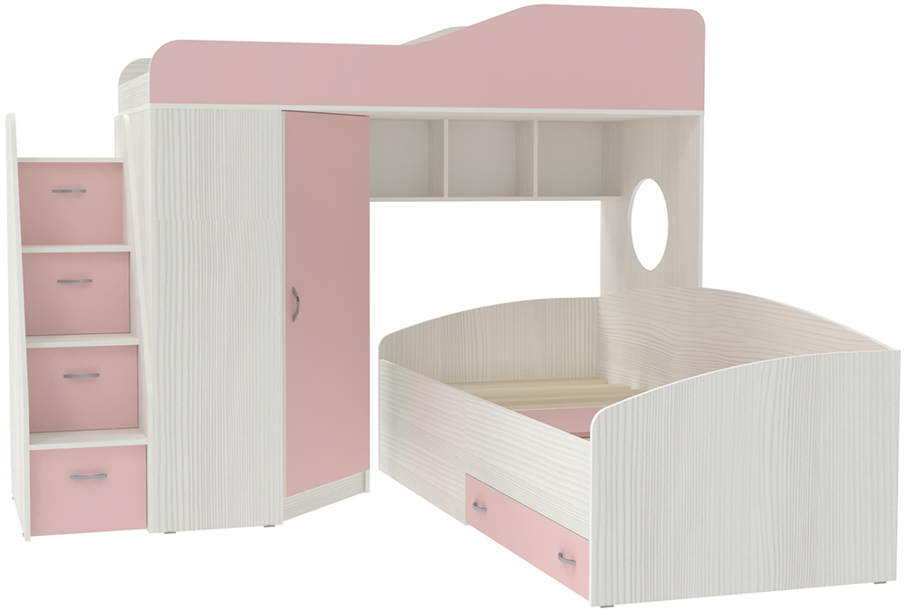 Двухъярусная кровать КарИВи  Кадет 2 с универсальной лестницей Белое Дерево Розовый