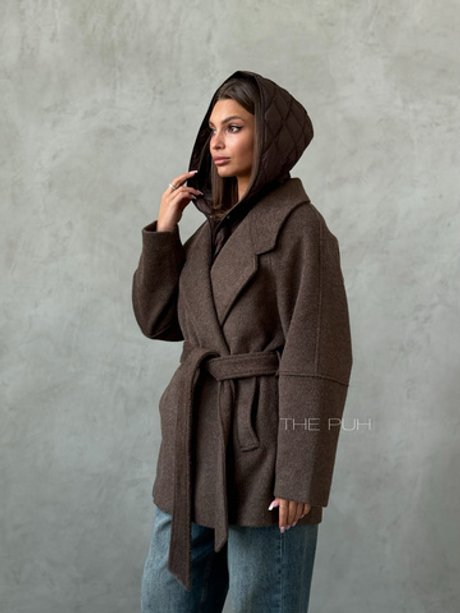 Шоколадное шерстяное пальто с утепленным жилетом
