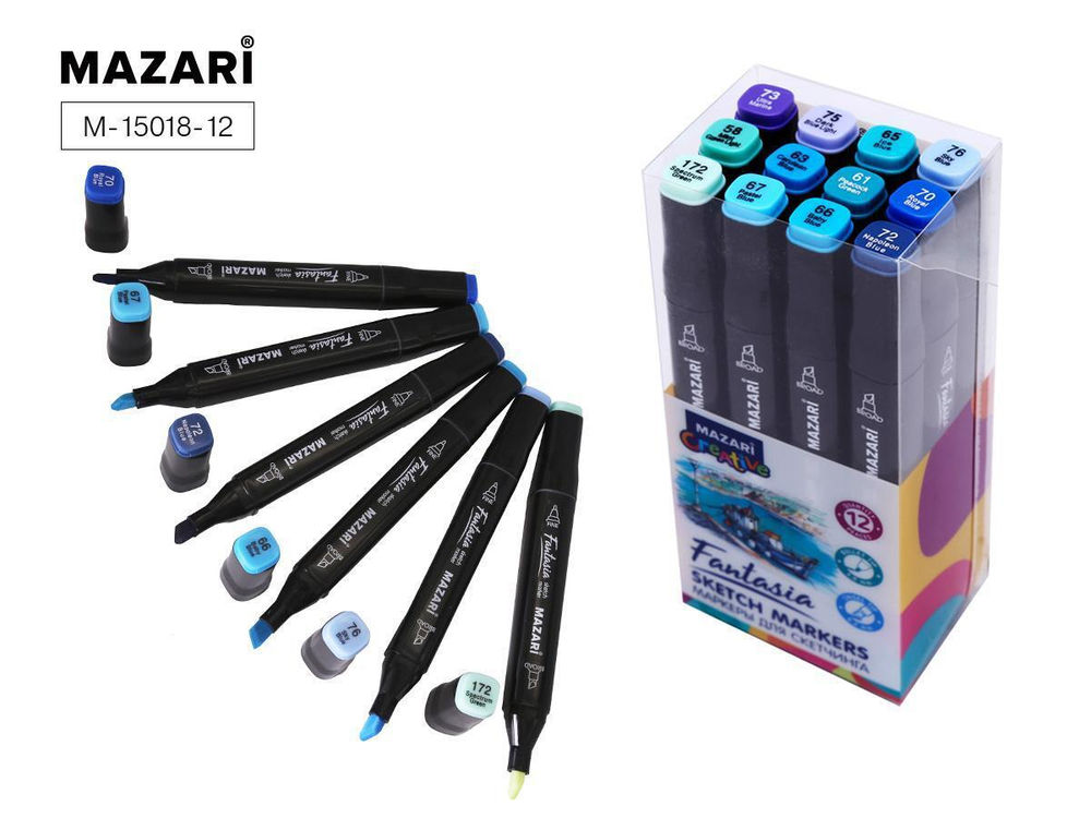 Набор скетчмаркеров двусторон. 12цв. 3.0-6.2мм. "Fantasia" Marine blue colors (морские цвета), пулев