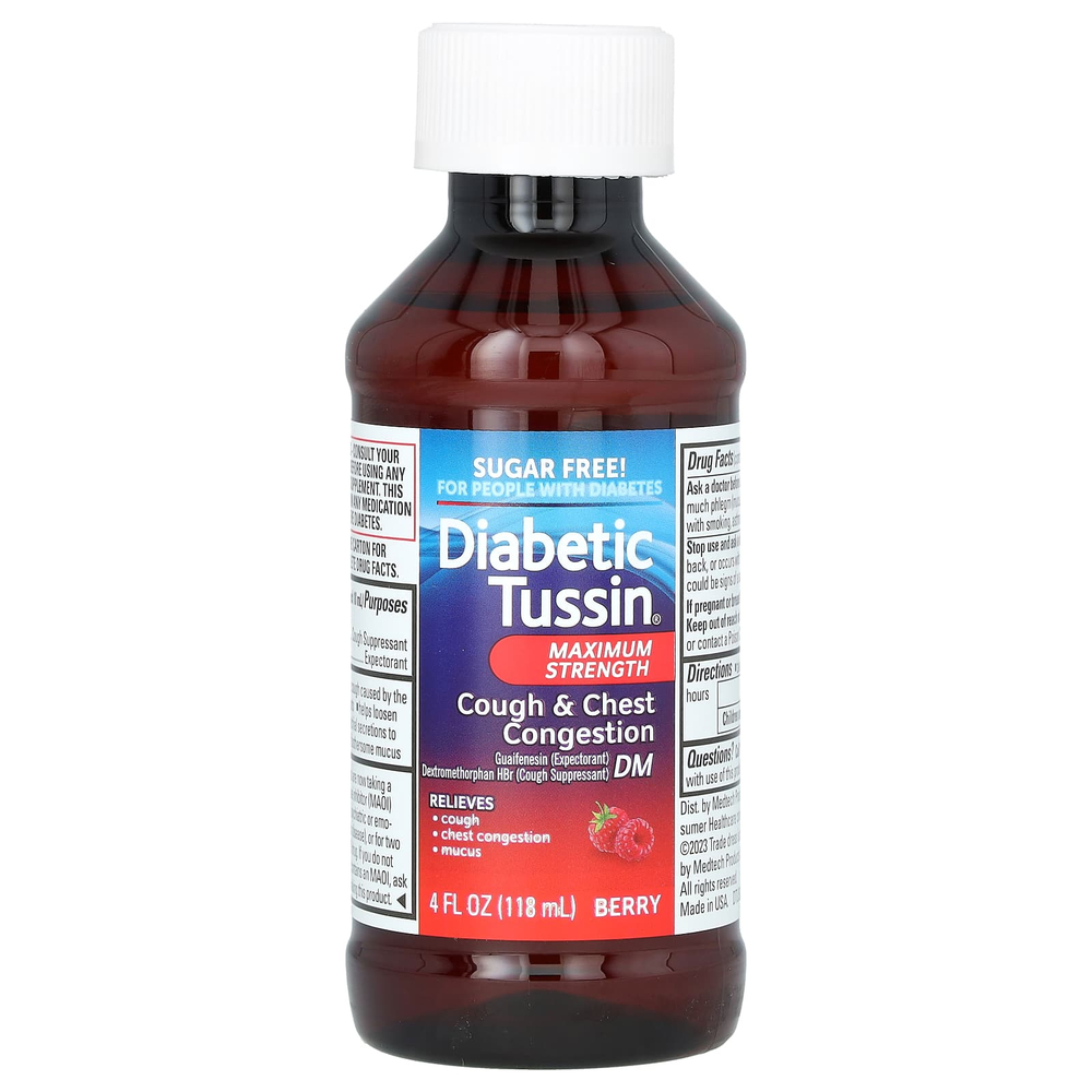 Diabetic Tussin, Cough & Chest Congestion, средство от кашля и заложенности носа, максимальная сила действия, ягодный вкус, 118 мл (4 жидк. унции)