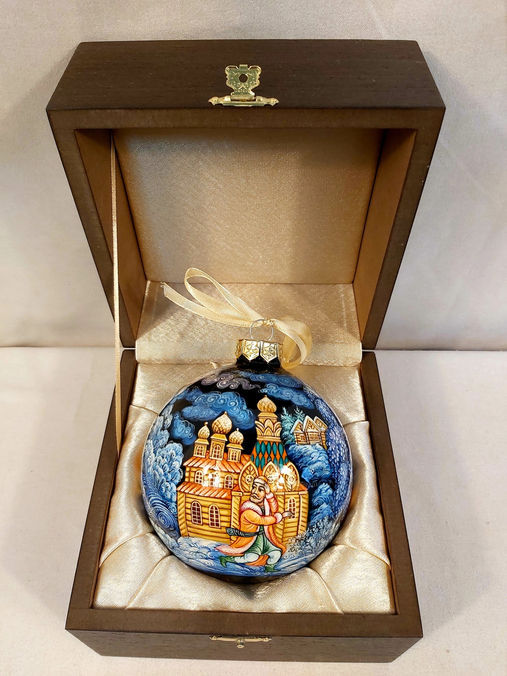 Шар новогодний с круговой росписью Палех "По-щучьему веленью" в футляре