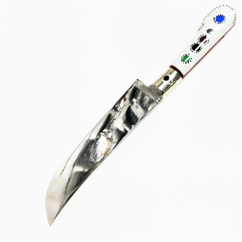 Нож Пчак средний, гарда мельхор, рукоять кость с камнями, клинок НЕРЖ 15 см. Общаяя длинна 26 см.