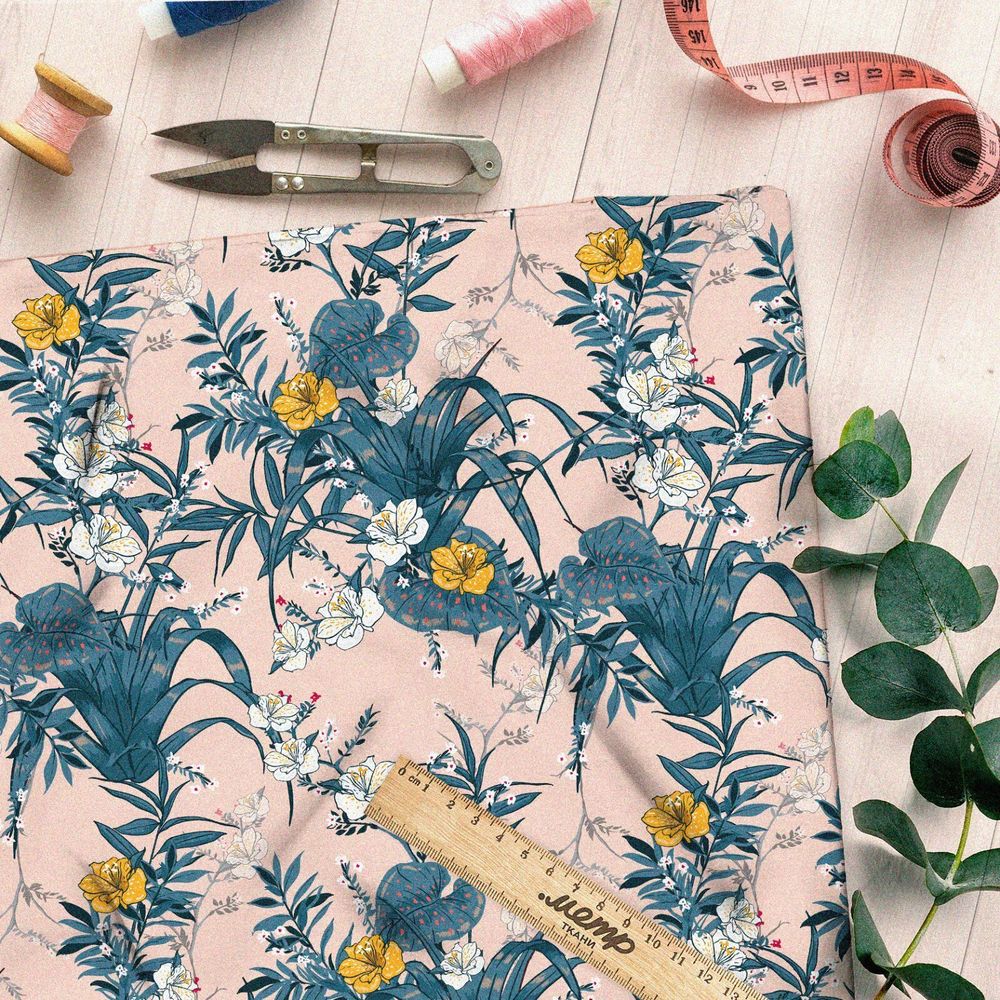 Ткань шифон раскидистые листья с жёлтыми цветами