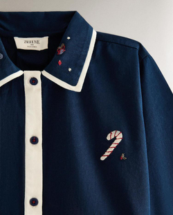 ZARA HOME ДЕТСКАЯ ПИЖАМА С РОЖДЕСТВЕНСКОЙ ВЫШИВКОЙ, СИНИЙ