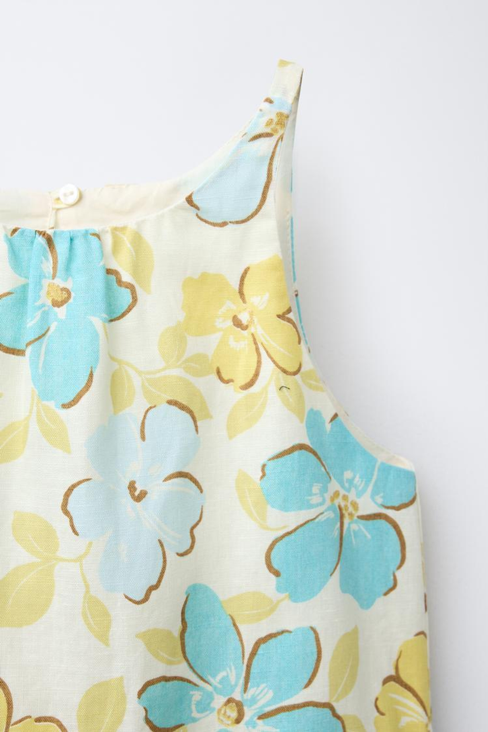 ZARA ПЛАТЬЕ ИЗ ХЛОПКА И ЛЬНА С ЦВЕТОЧНЫМ ПРИНТОМ, БИРЮЗОВЫЙ