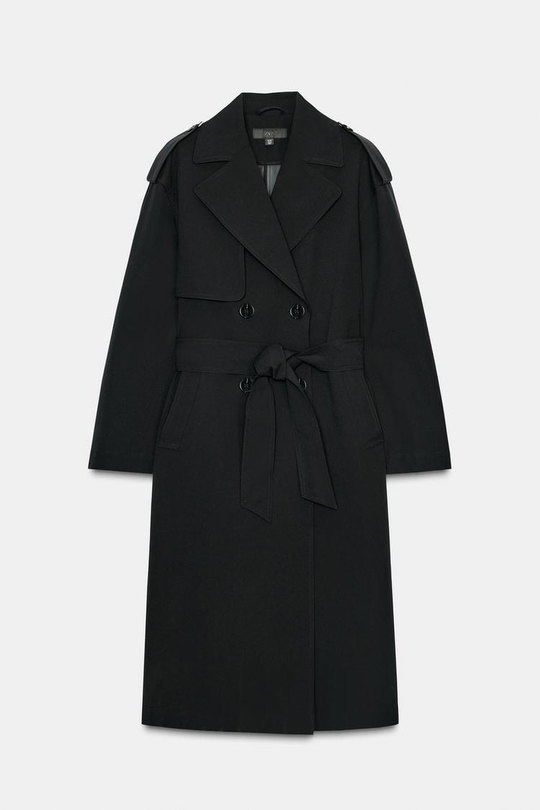 ZARA ДЛИННЫЙ ТРЕНЧ С ПОЯСОМ, ЧЕРНЫЙ