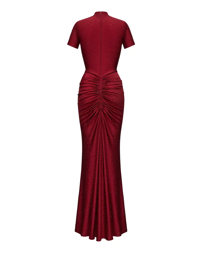 Amanda maxi, платье макси с коротким рукавом из красного бифлекса со стразами