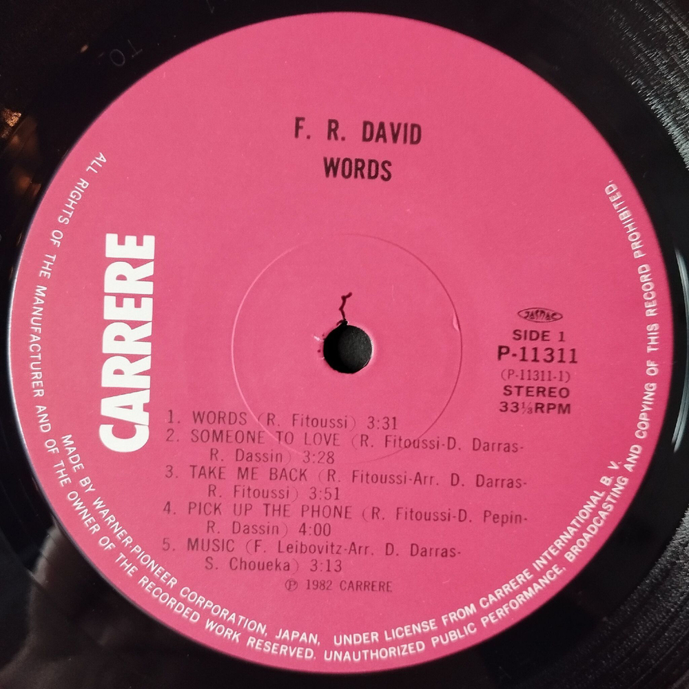 Винтажная виниловая пластинка LP F.R. David Words (Japan 1983) (Obi) Porcelain Eyes