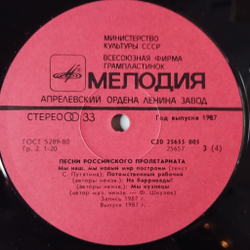 Винтажная виниловая пластинка LP Сборник Песни Российского Пролетариата (СССР 1987)