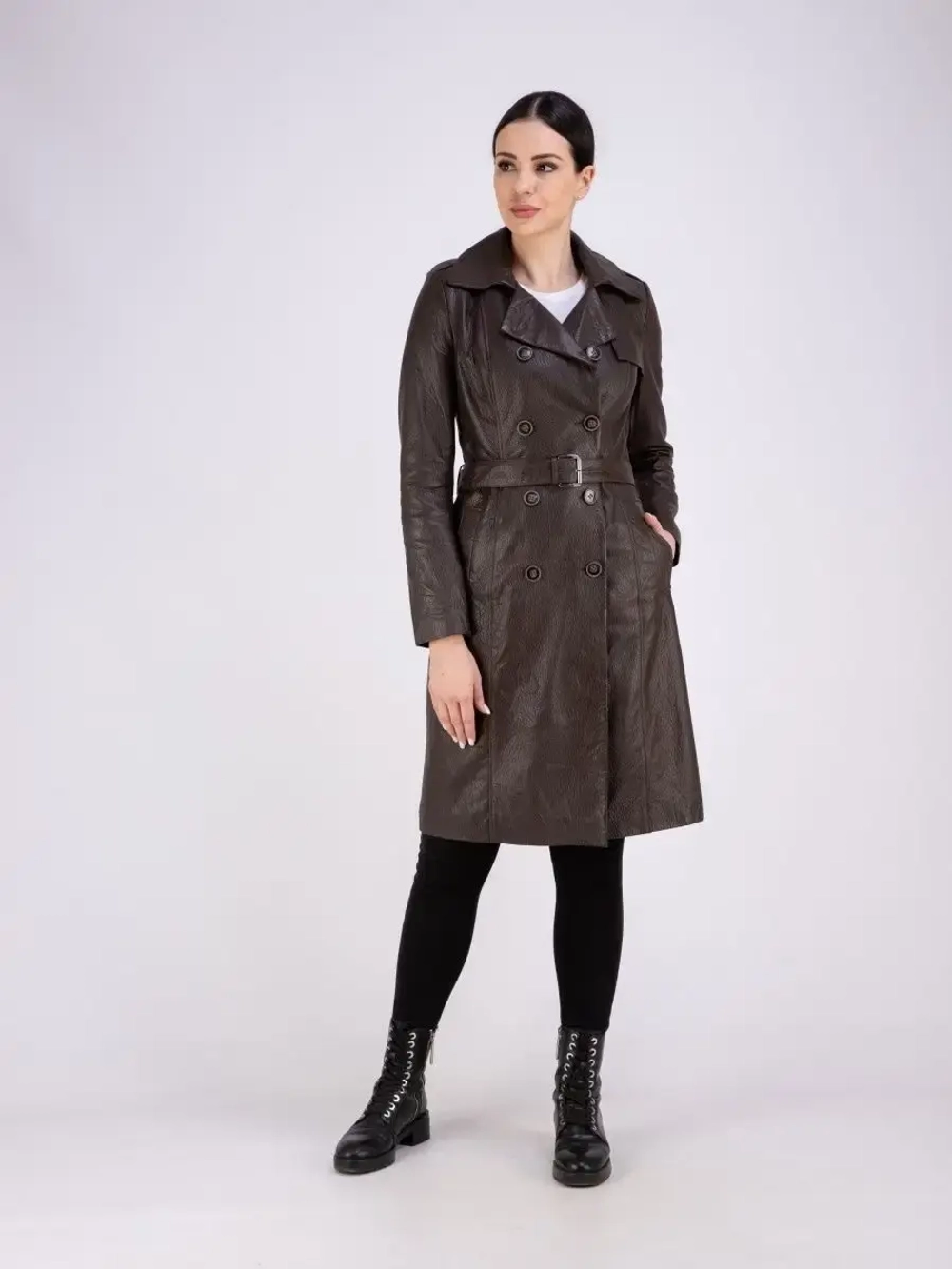 Тренч длинный кожаный с поясом плащ на весну