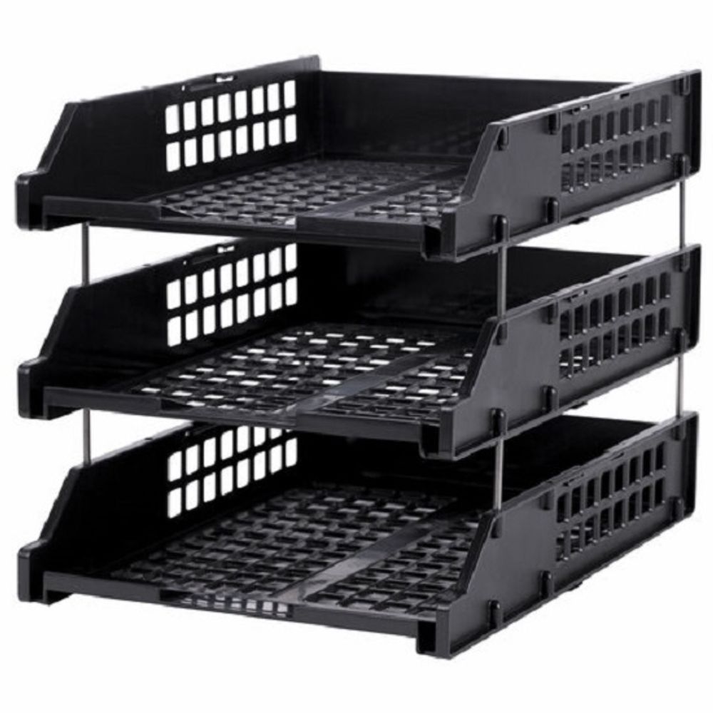 Лоток горизонтальный Brauberg Grand office, набор 3шт, на метал. стержнях, черный