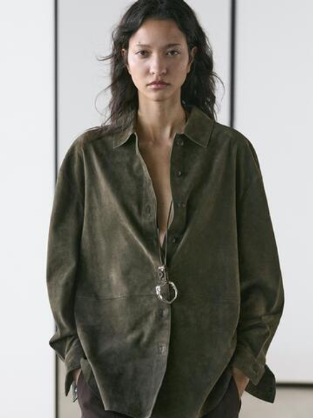 Massimo Dutti Замшевая рубашка с декоративными швами, зеленый