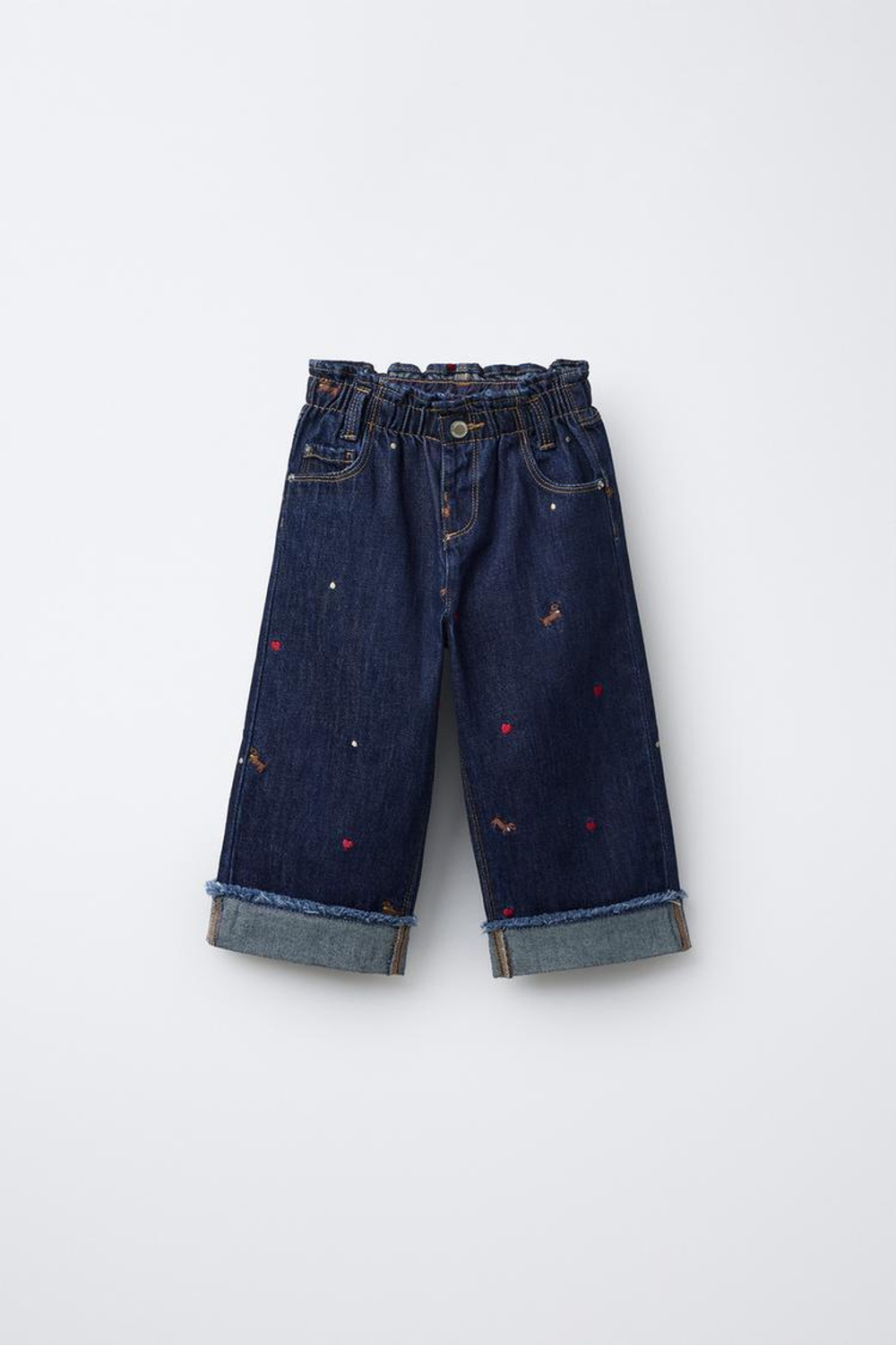 ZARA ДЖИНСЫ-КЮЛОТЫ С ВЫШИВКОЙ В ВИДЕ СОБАКИ, СИНИЙ