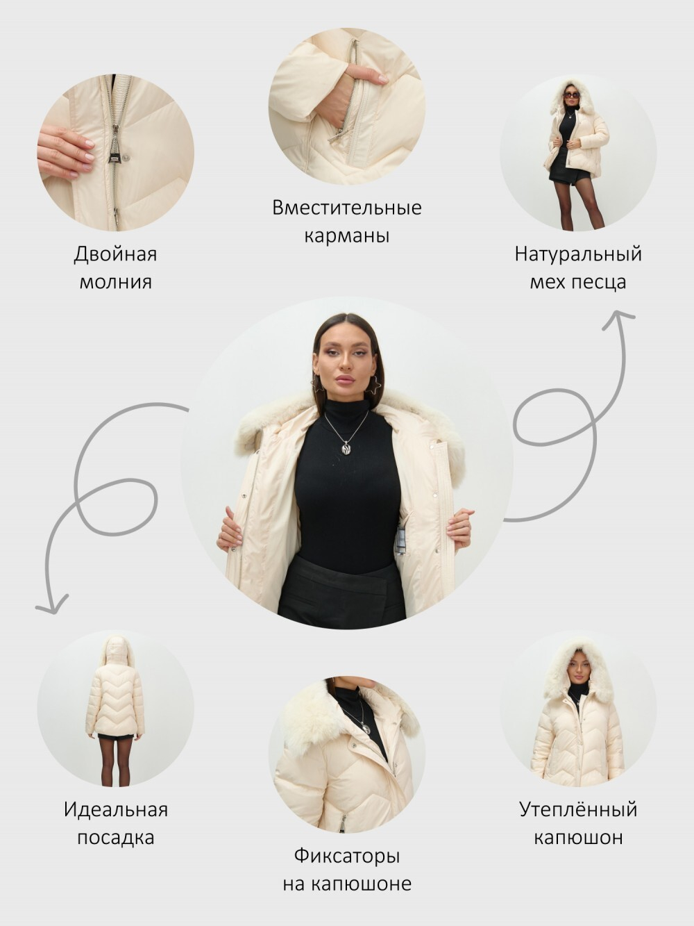 Куртка зимняя женская с мехом и капюшоном тренд бежевого цвета 7759B