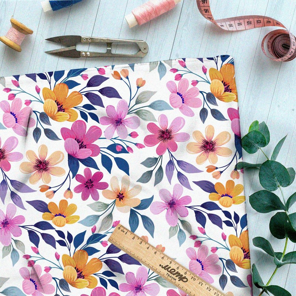 Ткань оксфорд 210 яркие жёлтые и розовые ромашки на белом фоне